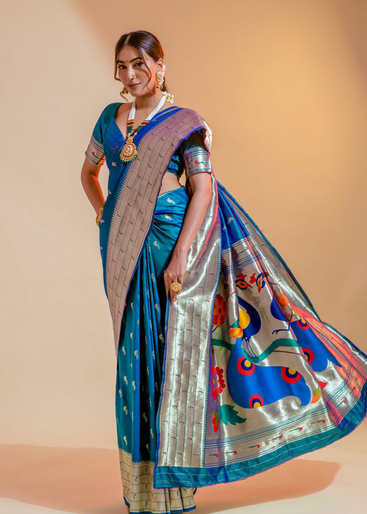 Pure paithani silk teal blue peacock design handloom saree online in usa india.