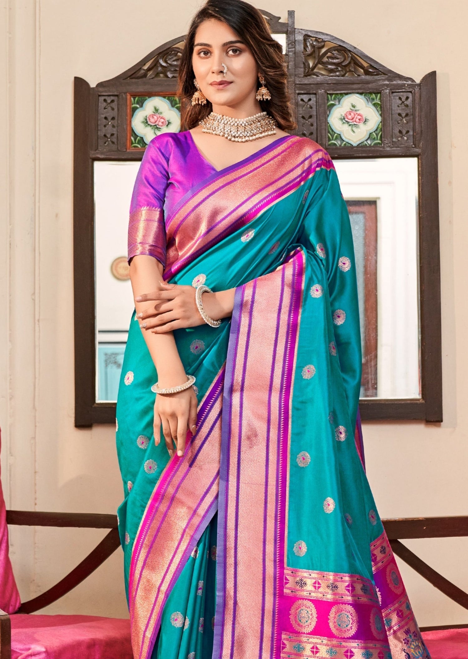 Pure paithani silk turquoise blue handloom bridal saree contrast blouse online usa.