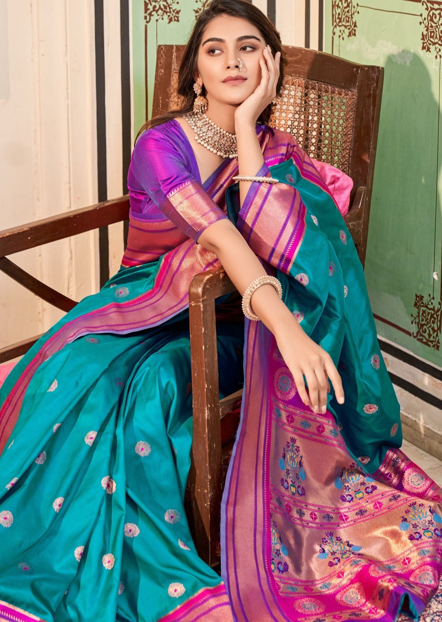 Pure paithani silk turquoise blue handloom saree contrast blouse online uk uae usa.