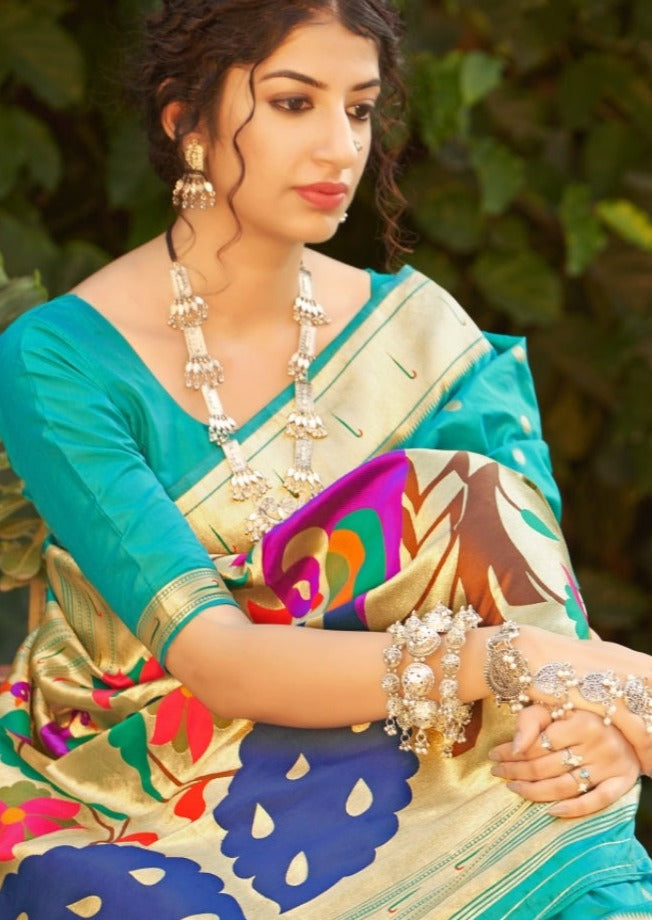 Pure paithani silk turquoise blue handloom saree online.
