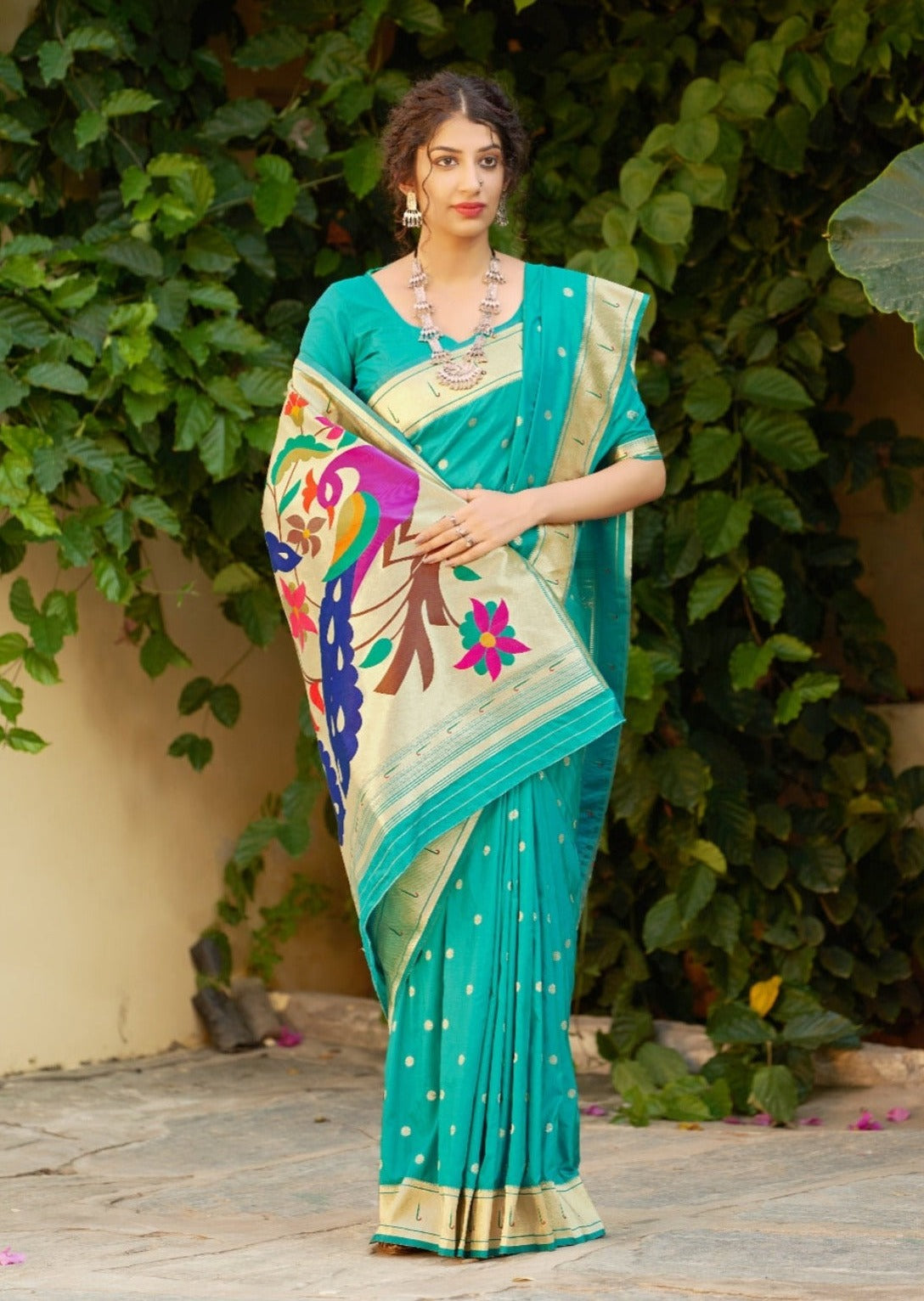 Pure paithani silk turquoise blue handloom saree online.