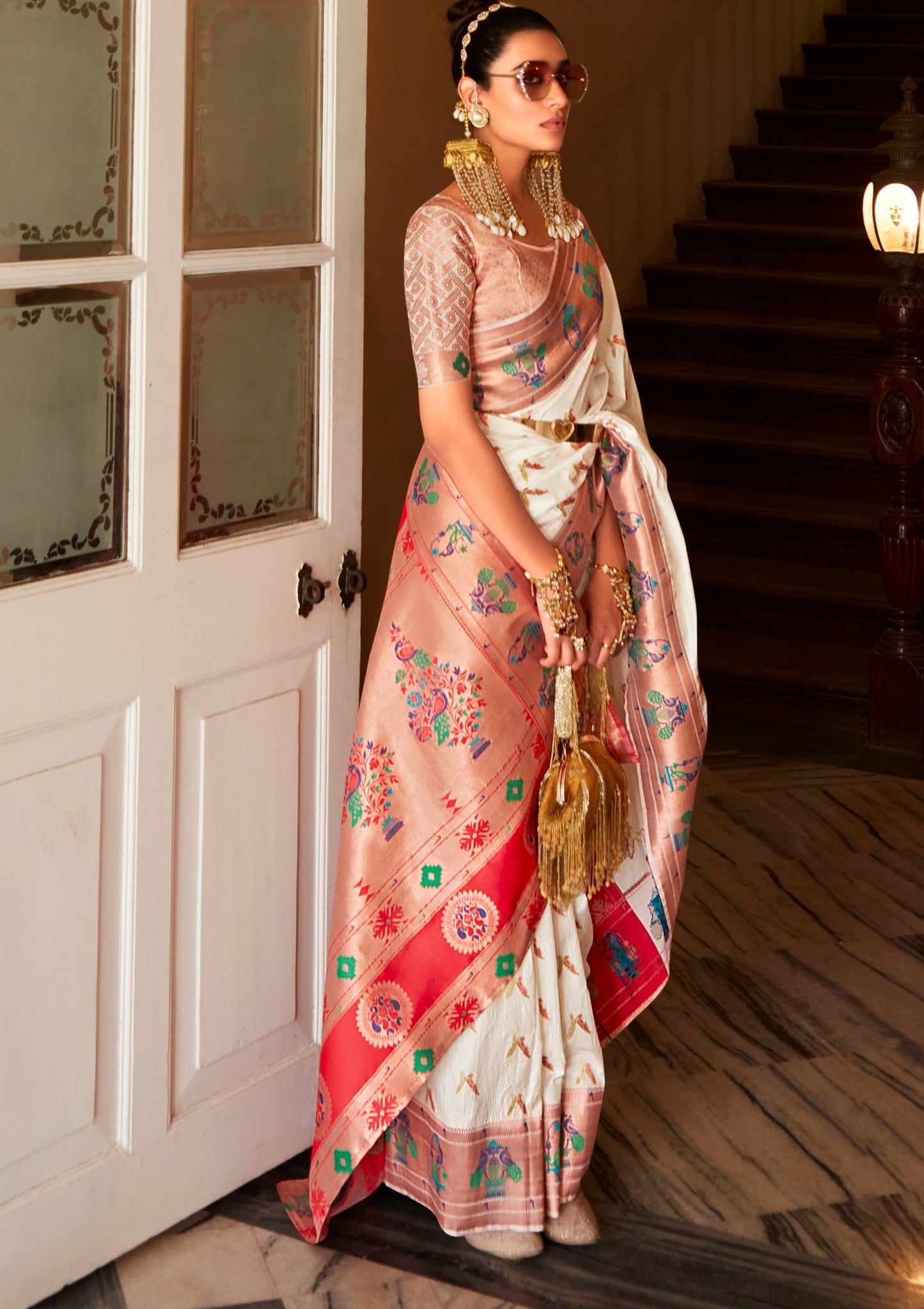 Pure Paithani Silk White Handloom Bridal Saree