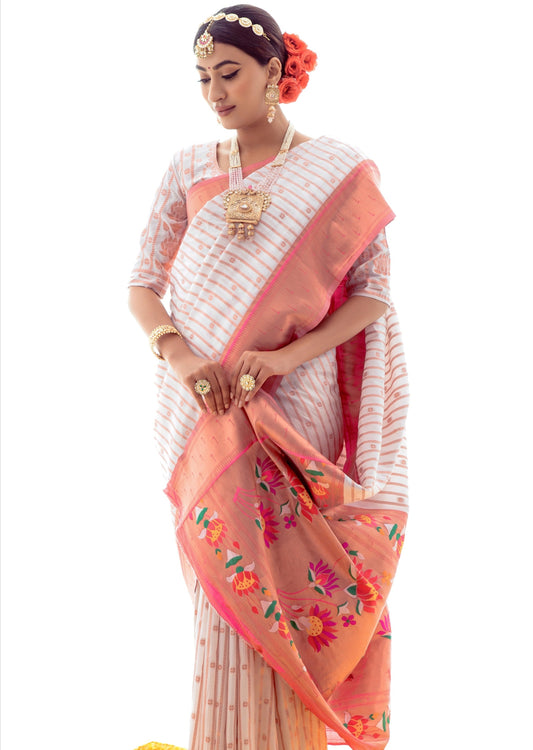 Pure Paithani Silk White Handloom Saree
