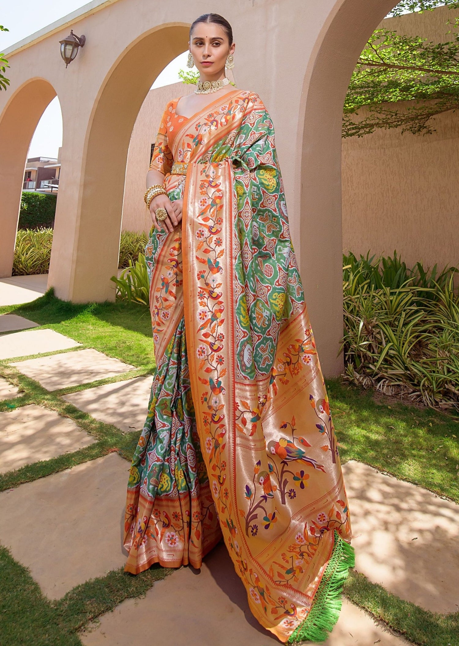 Pure patola silk original saree usa online shopping with price in green orange color combination.