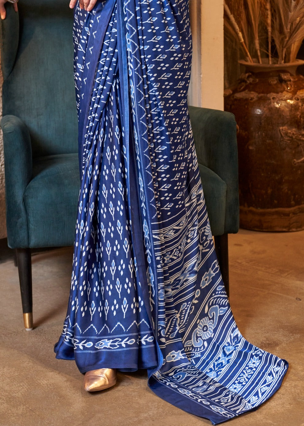 Pure Satin Crepe Indigo Blue Printed Saree