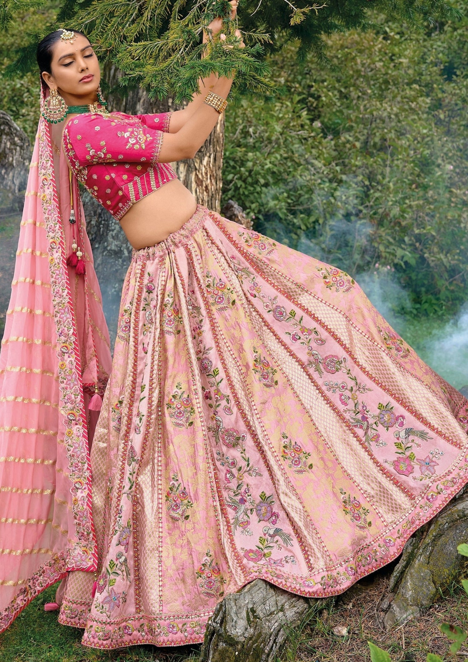 Buy HALFSAREE STUDIO Dark Pink Banarasi silk Semi-Stitched Lehenga Choli  Online at Best Prices in India - JioMart.