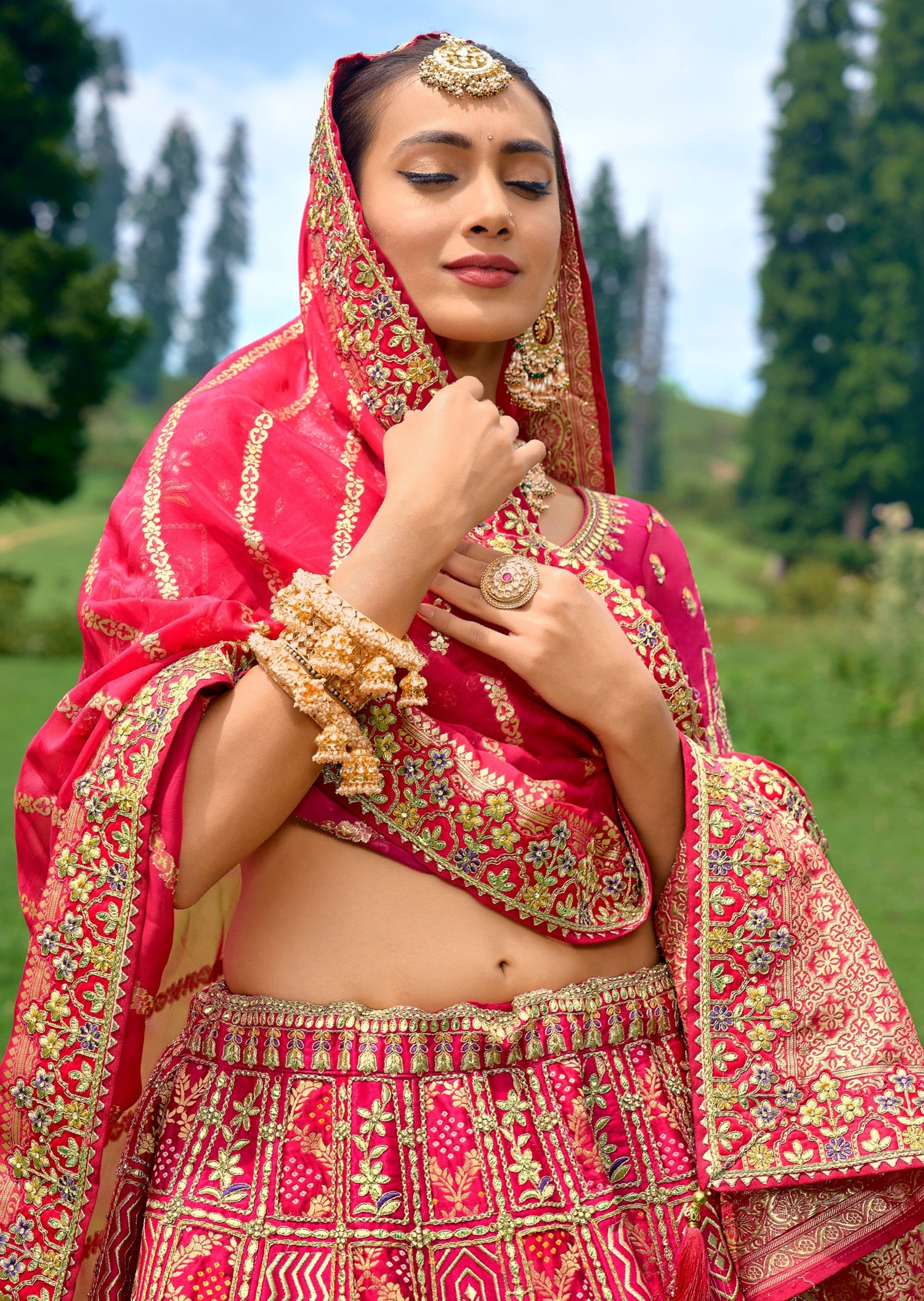 Pure silk red bridal luxury bandhani lehenga choli with dupatta online usa uk uae.