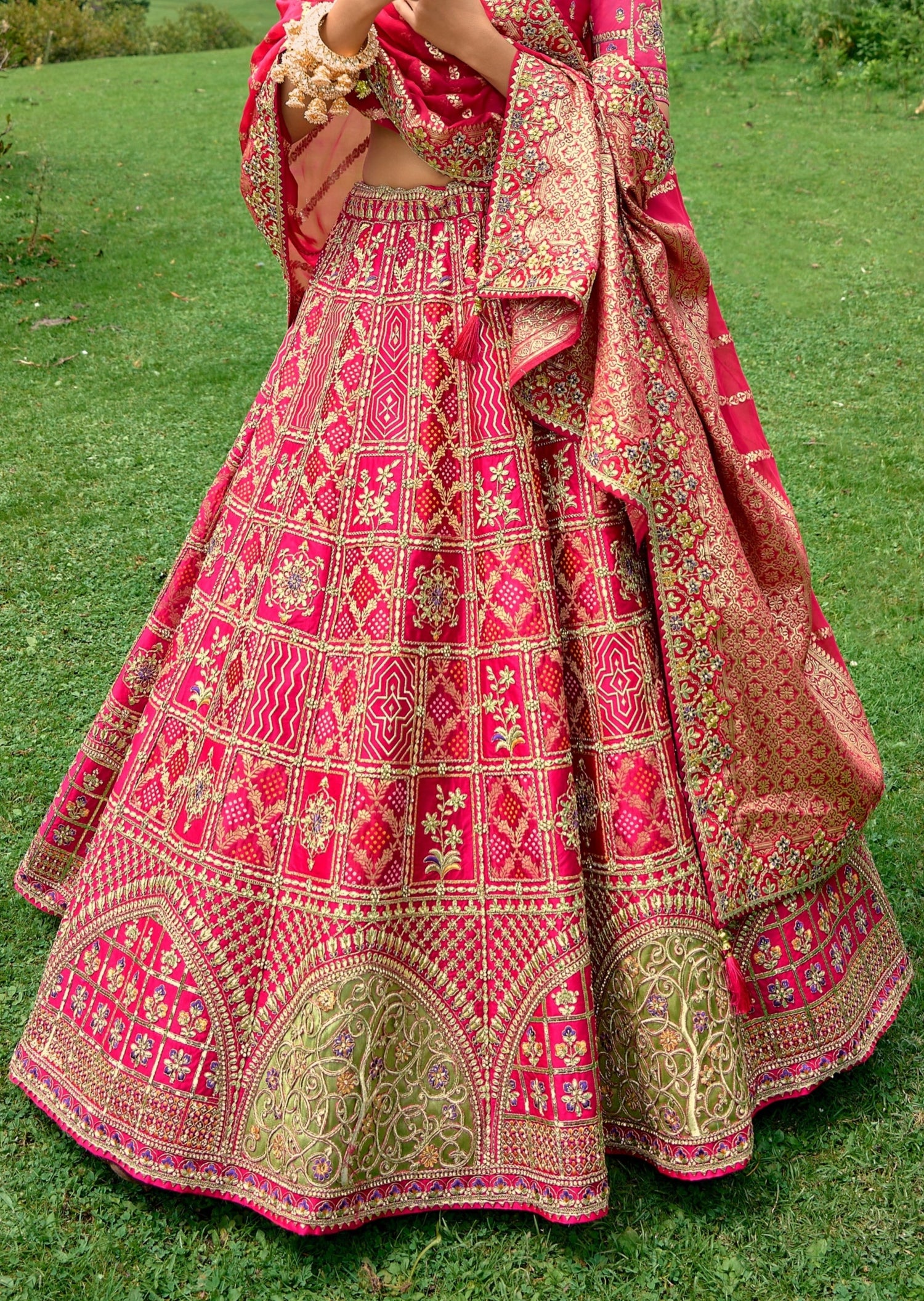Banarasi Bandhani Lehenga in Green And Orange,Online Lehengas For Wedding,  Functions, Parties
