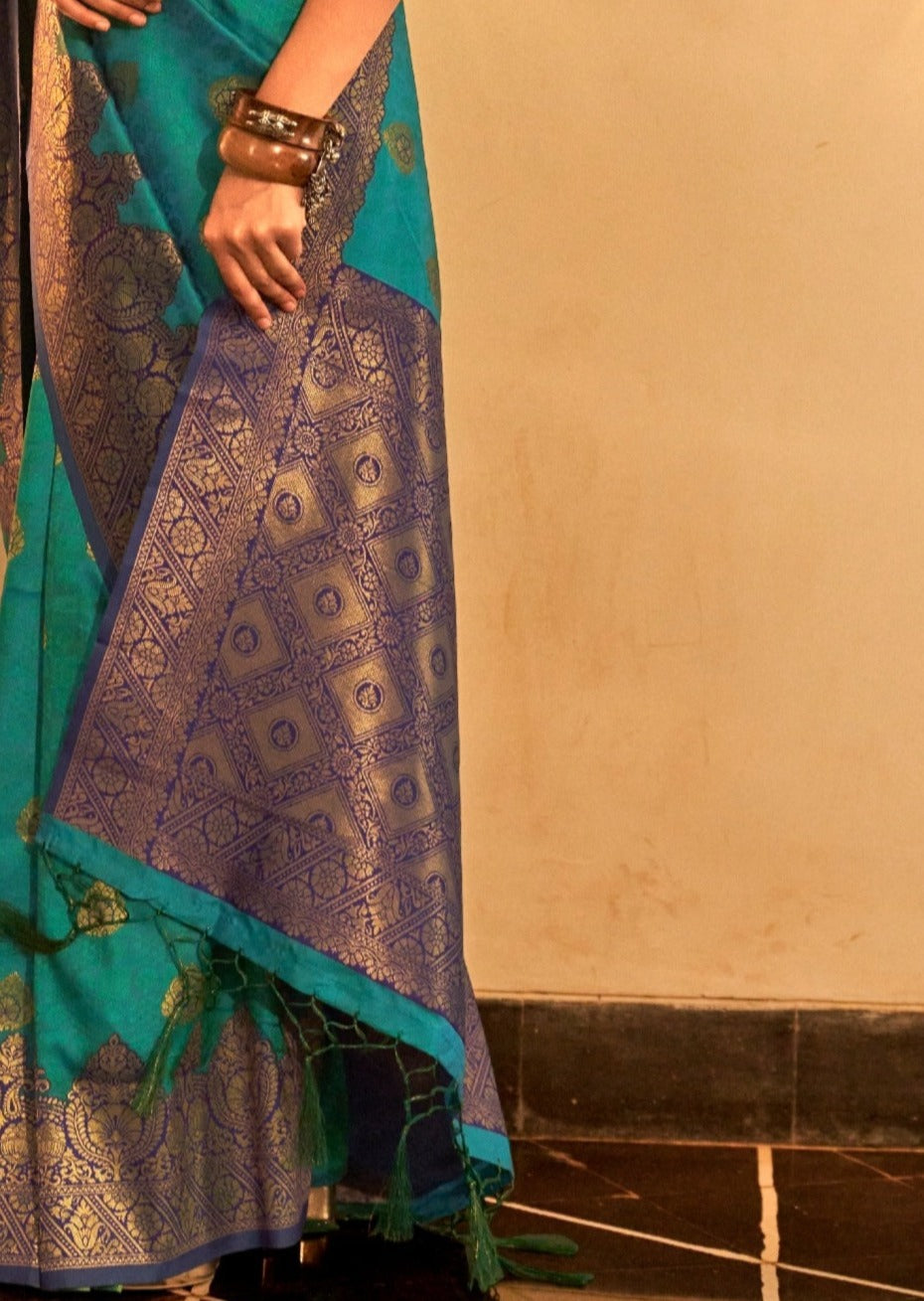 Green color banarasi saree pallu design with blue border  online.