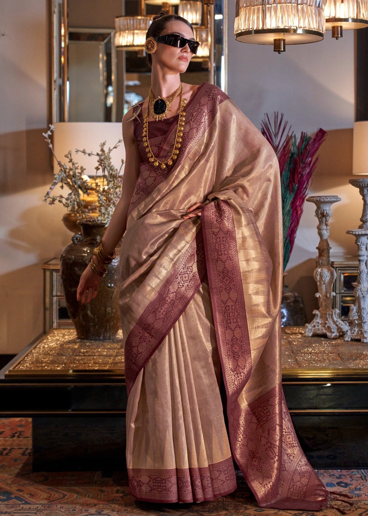 Pure banarasi tissue silk handloom saree london uk online shopping for wedding function look in pastel brown color.