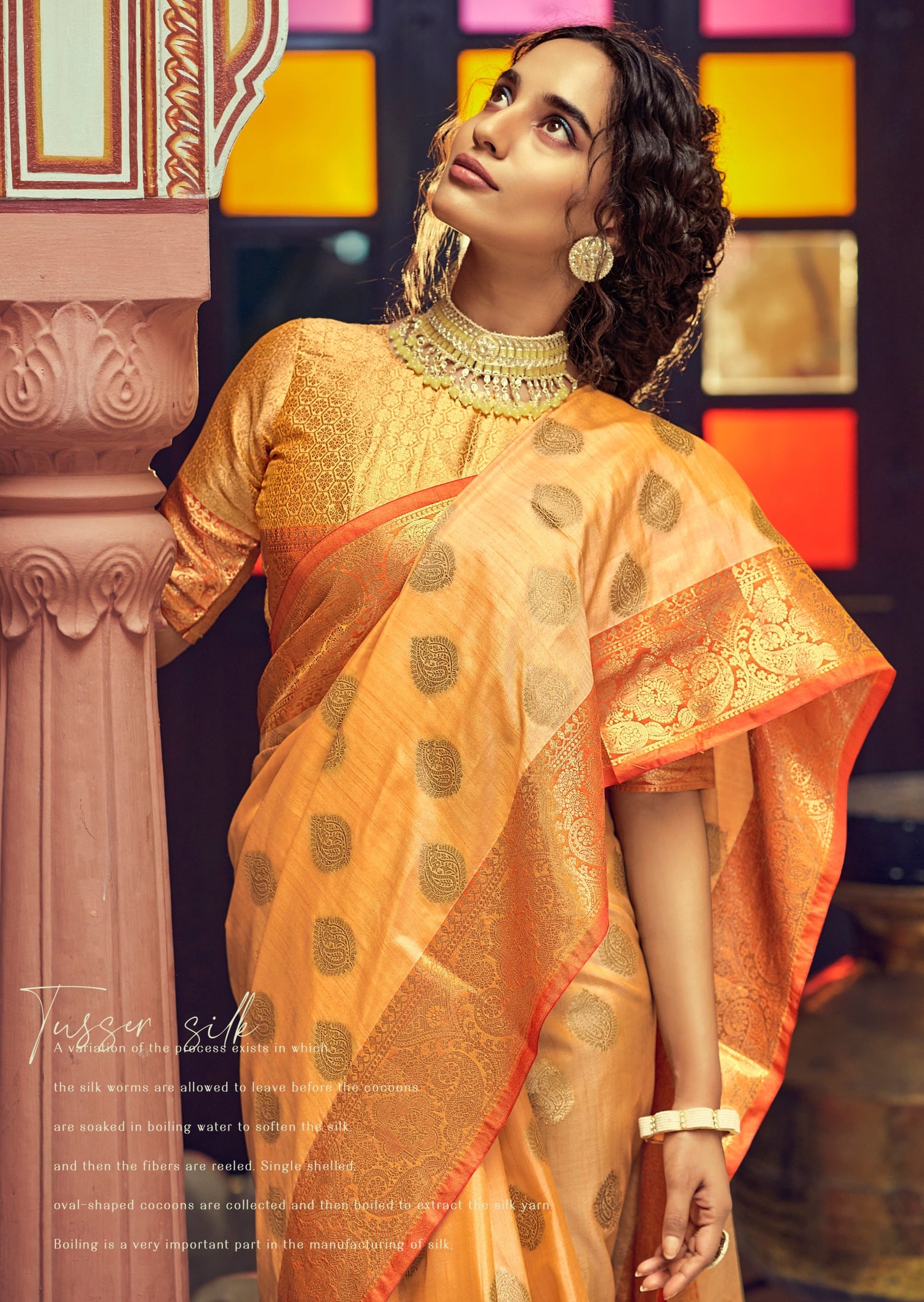 Pure tussar banarasi silk handloom saffron orange saree online shopping price usa.