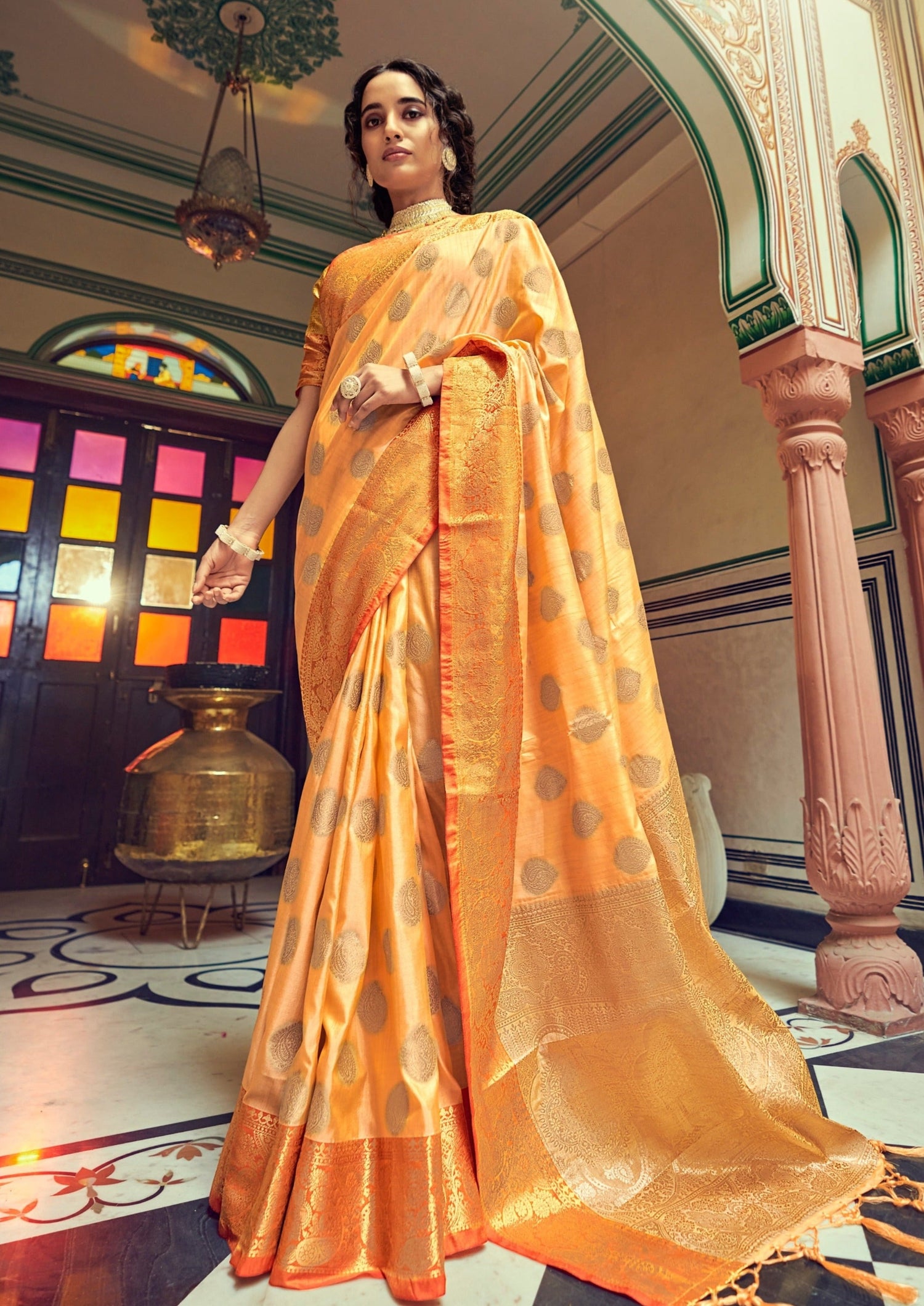 Pure tussar banarasi silk saffron orange saree online price india usa uk dubai uae.