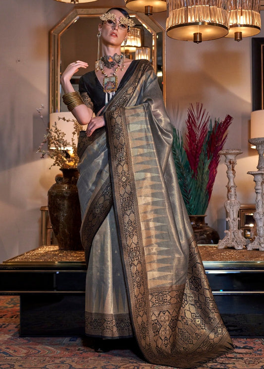 Pure banarasi tissue silk grey handloom saree online shopping in india for wedding look.