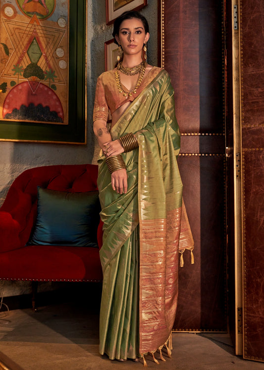 Pure Handloom Tussar Silk Lawn Green Saree