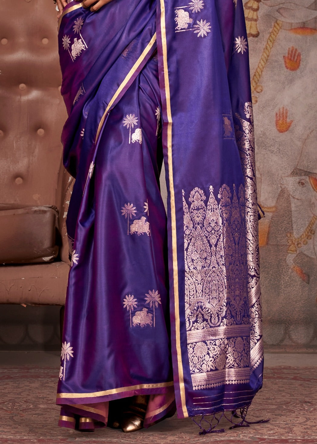 Purple banarasi satin silk saree online with matching blouse at best price.