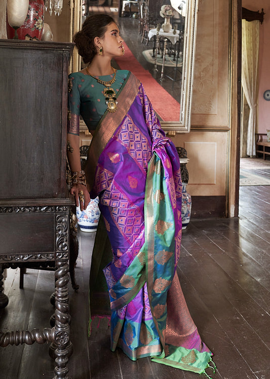 Traditional south indian kanjivaram silk handloom saree in purple and green color – online in USA for wedding.