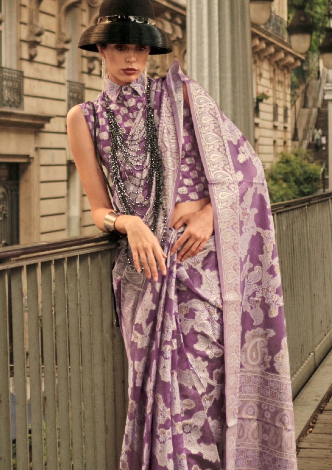 Woman in purple color organza lucknowi chikankari saree blouse design.