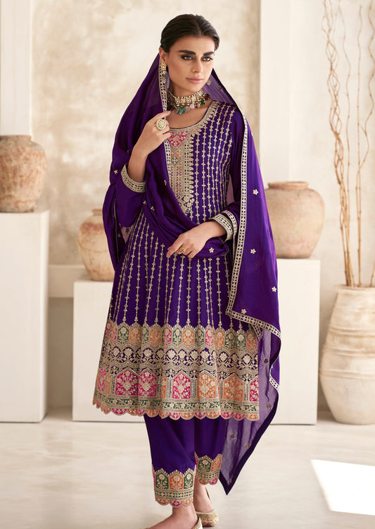 Purple pure silk bridal salwar suit with dupatta luxury designer online usa uk uae.