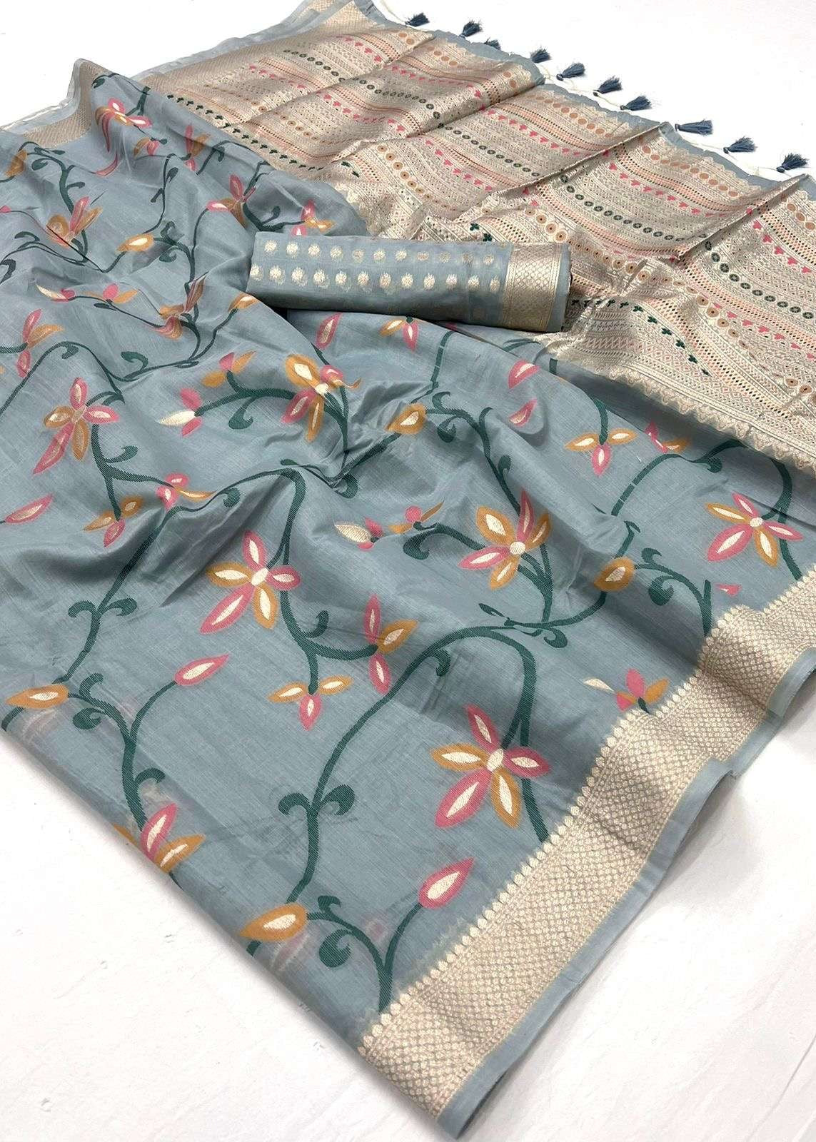 Grey Banarasi Cotton Silk Zari Work Handloom Saree