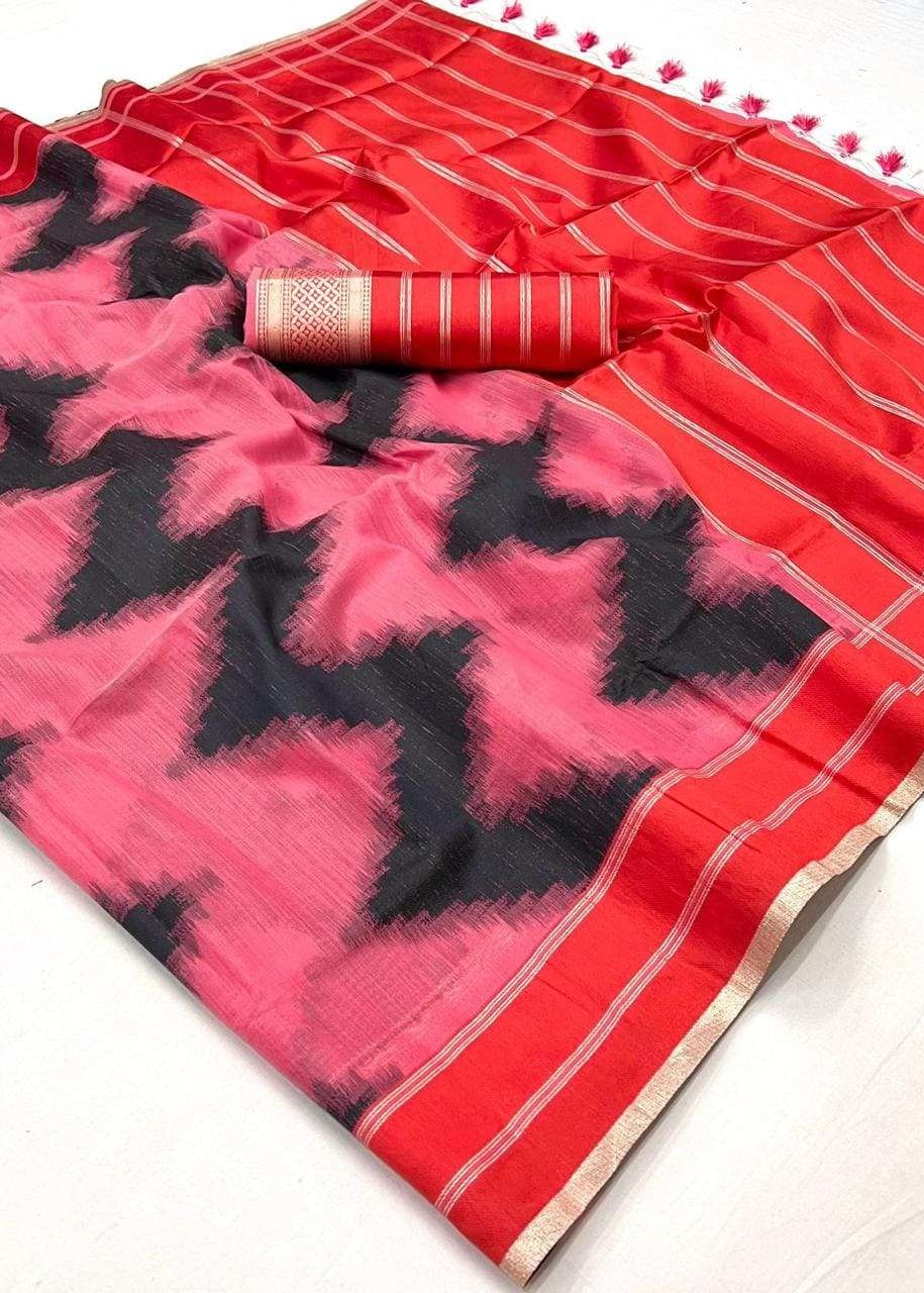 Rose Pink and Red Cotton Silk Handloom Saree