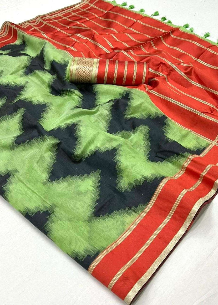 Lawn Green and Red Cotton Silk Handloom Saree