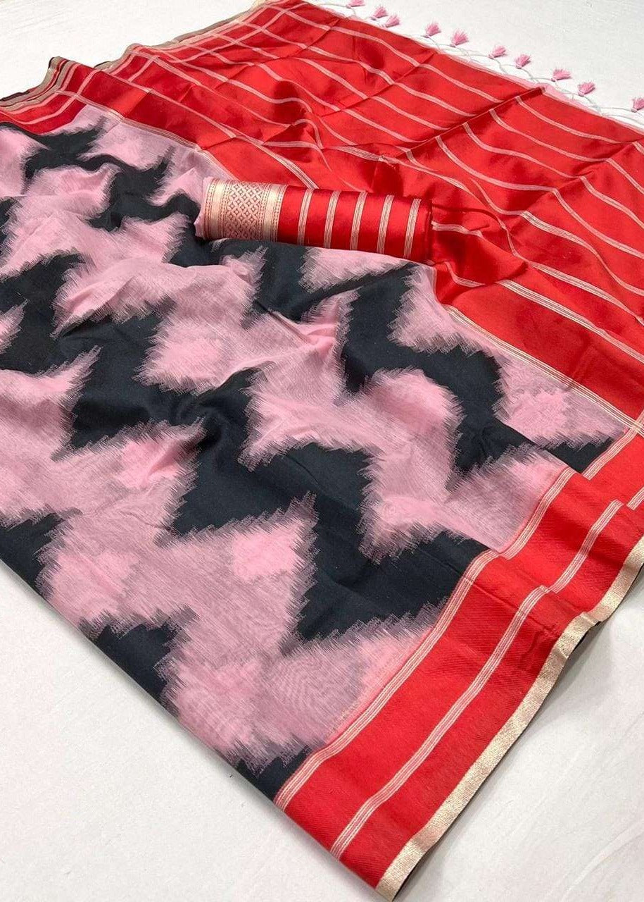 Pastel Pink and Red Cotton Silk Handloom Saree