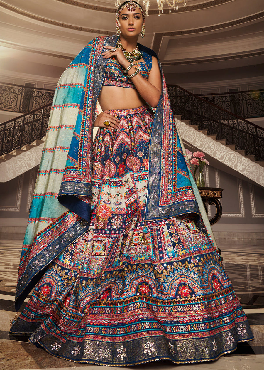 Shop readymade pure silk blue lehenga in usa online for Indian bride and bridesmaids.