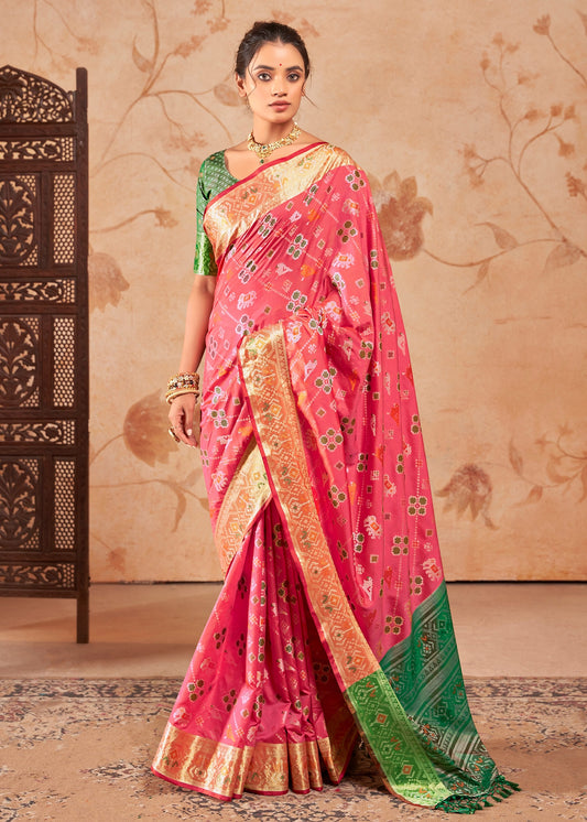 Red color banarasi patola silk handloom saree online shopping for wedding function look and bridal wear at best price.