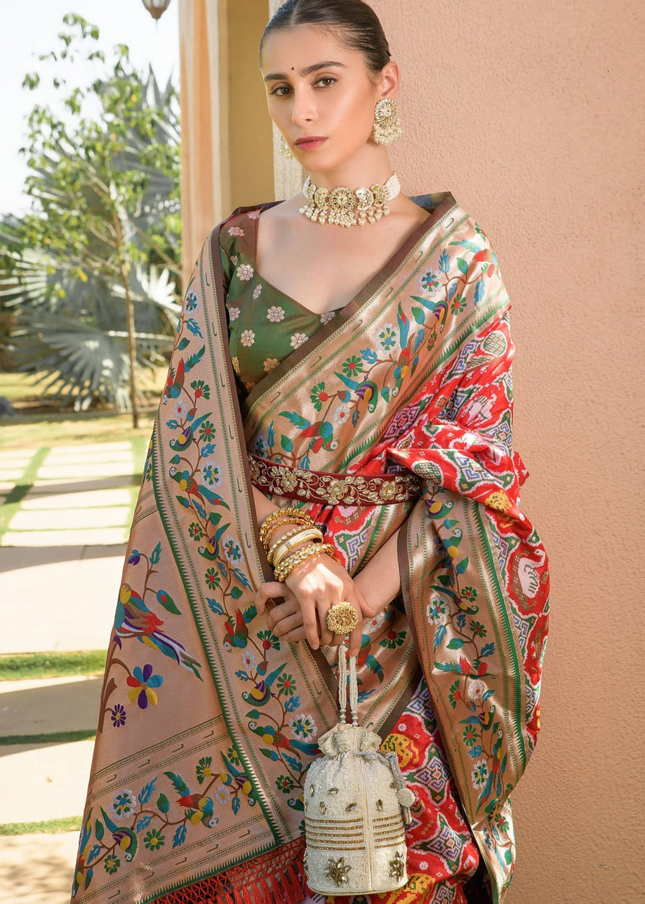 Red banarasi patola paithani silk handloom saree with contrast mehendi green blouse online in india usa uk.