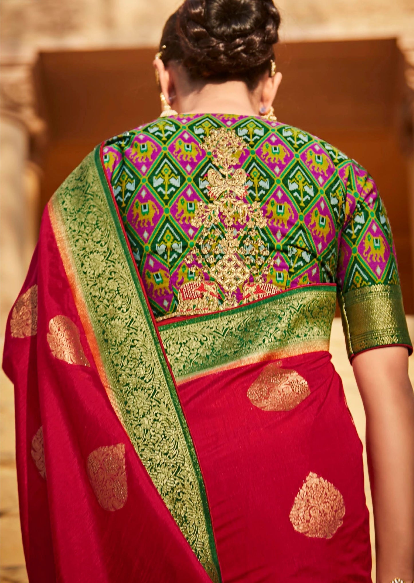 Red banarasi patola silk saree in traditional meenakari designs online.