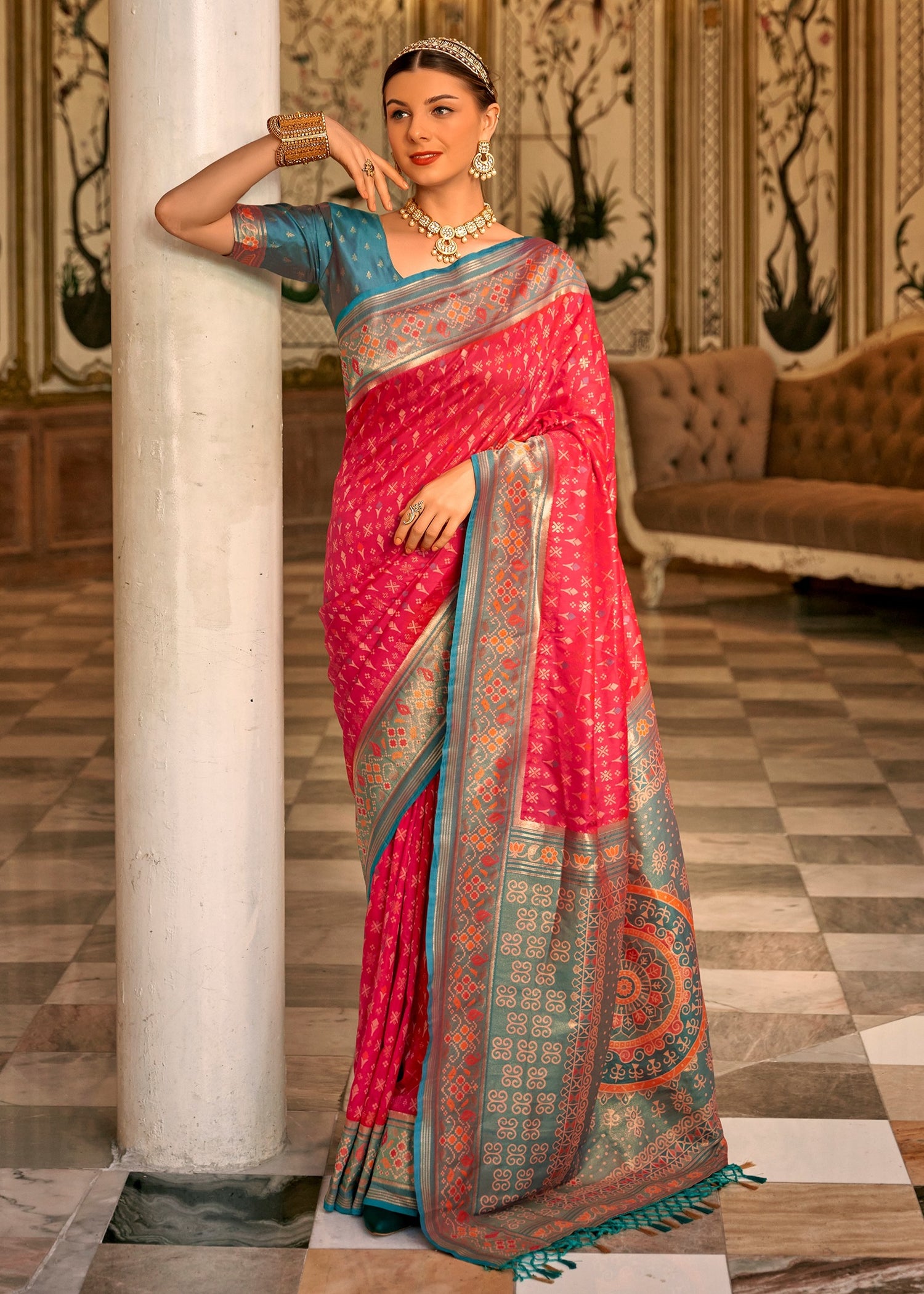 Red banarasi patola silk handloom saree in usa for online shopping for wedding.