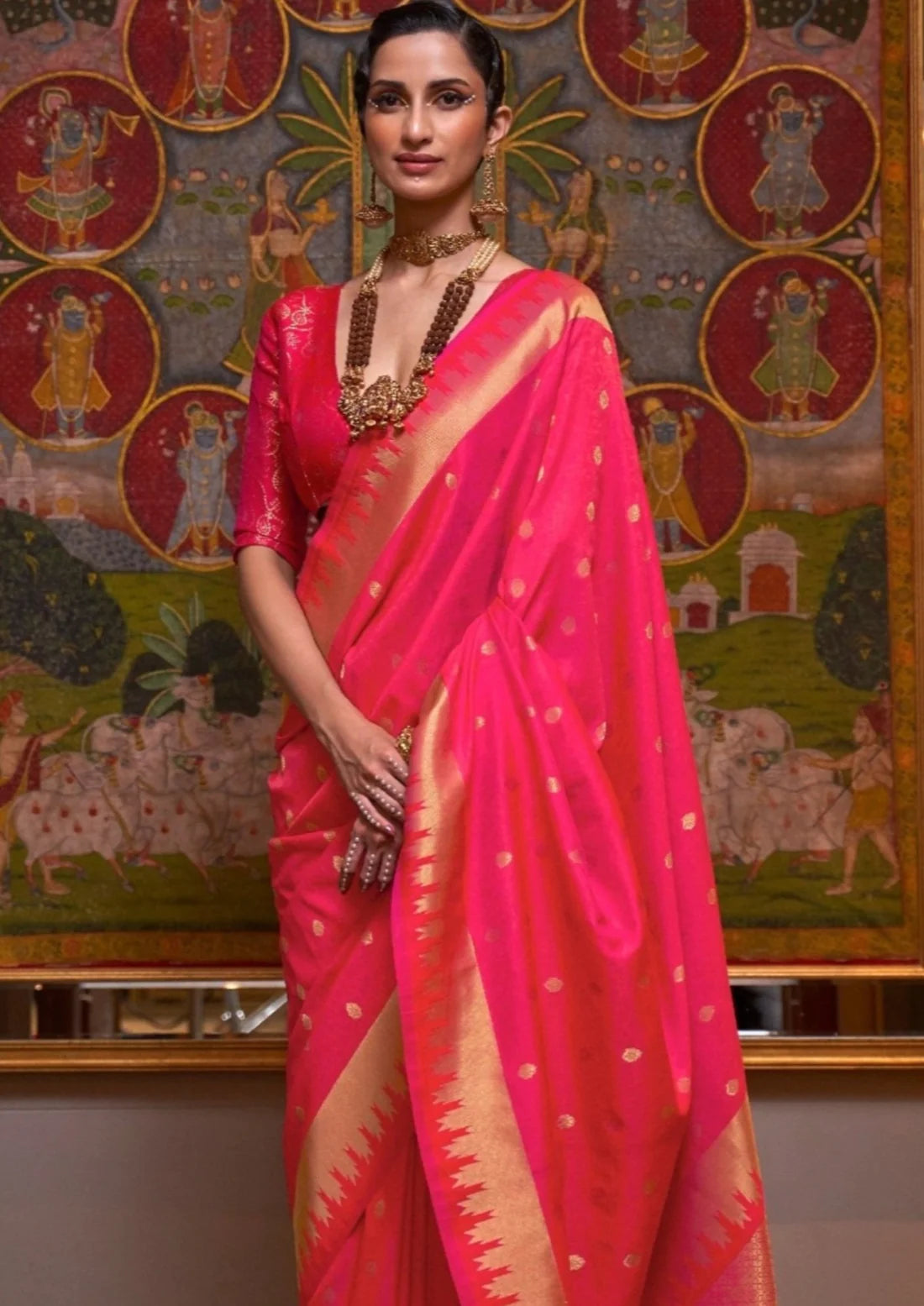 Red banarasi silk bridal saree look for karwa chauth online shopping price.