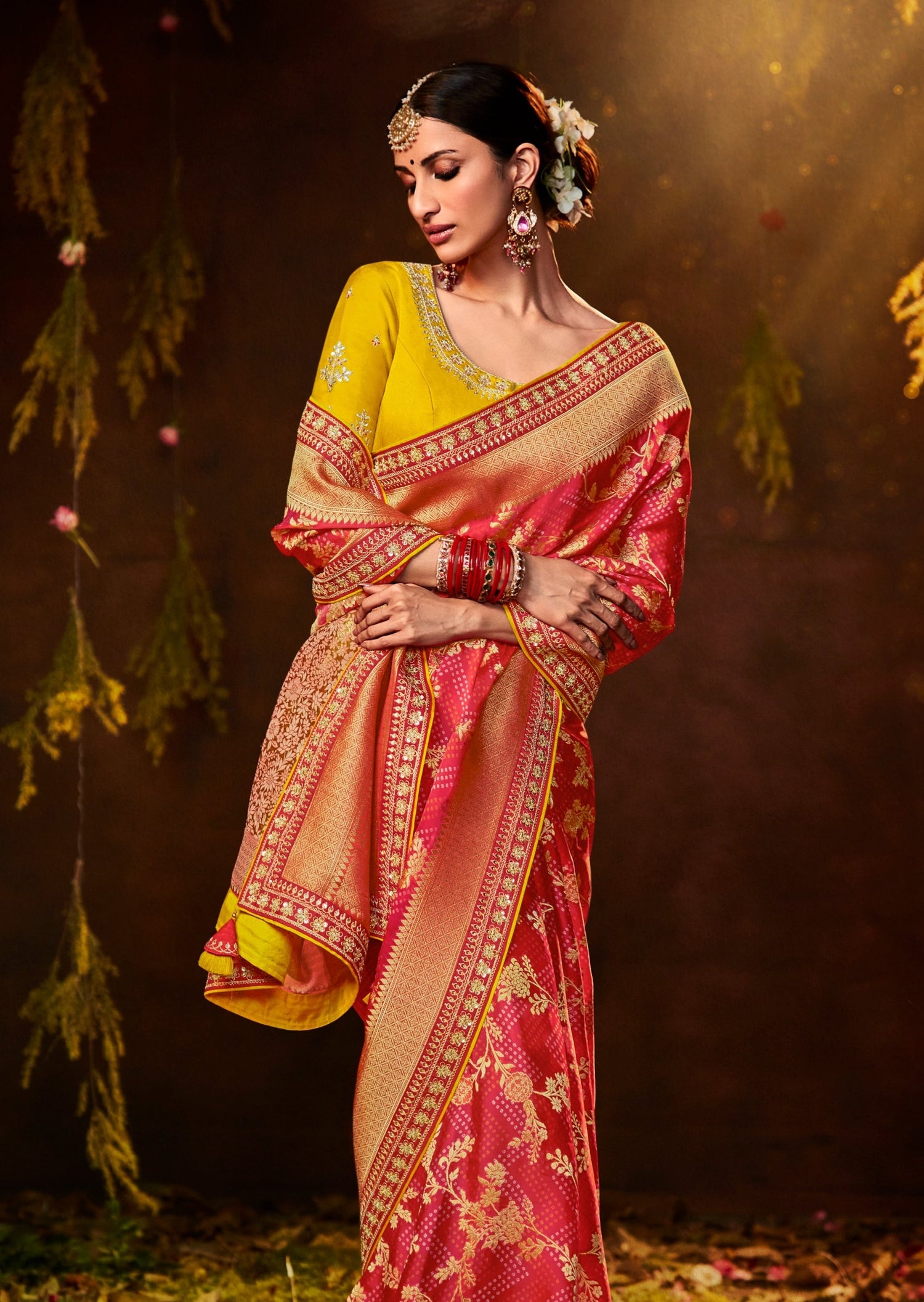 Red bandhani saree usa online shopping price with contrast yellow blouse.