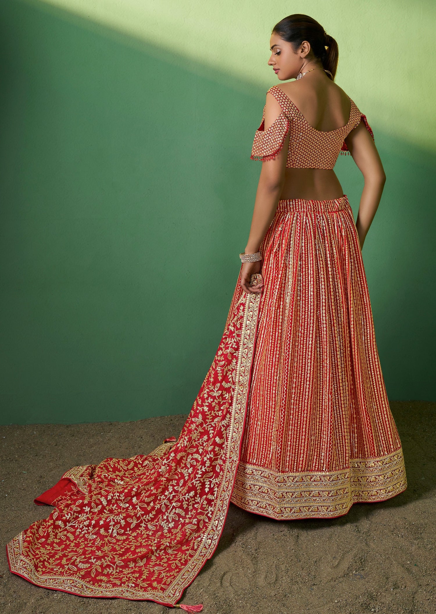 Red golden sequins work bridal lehenga choli online shopping for wedding.