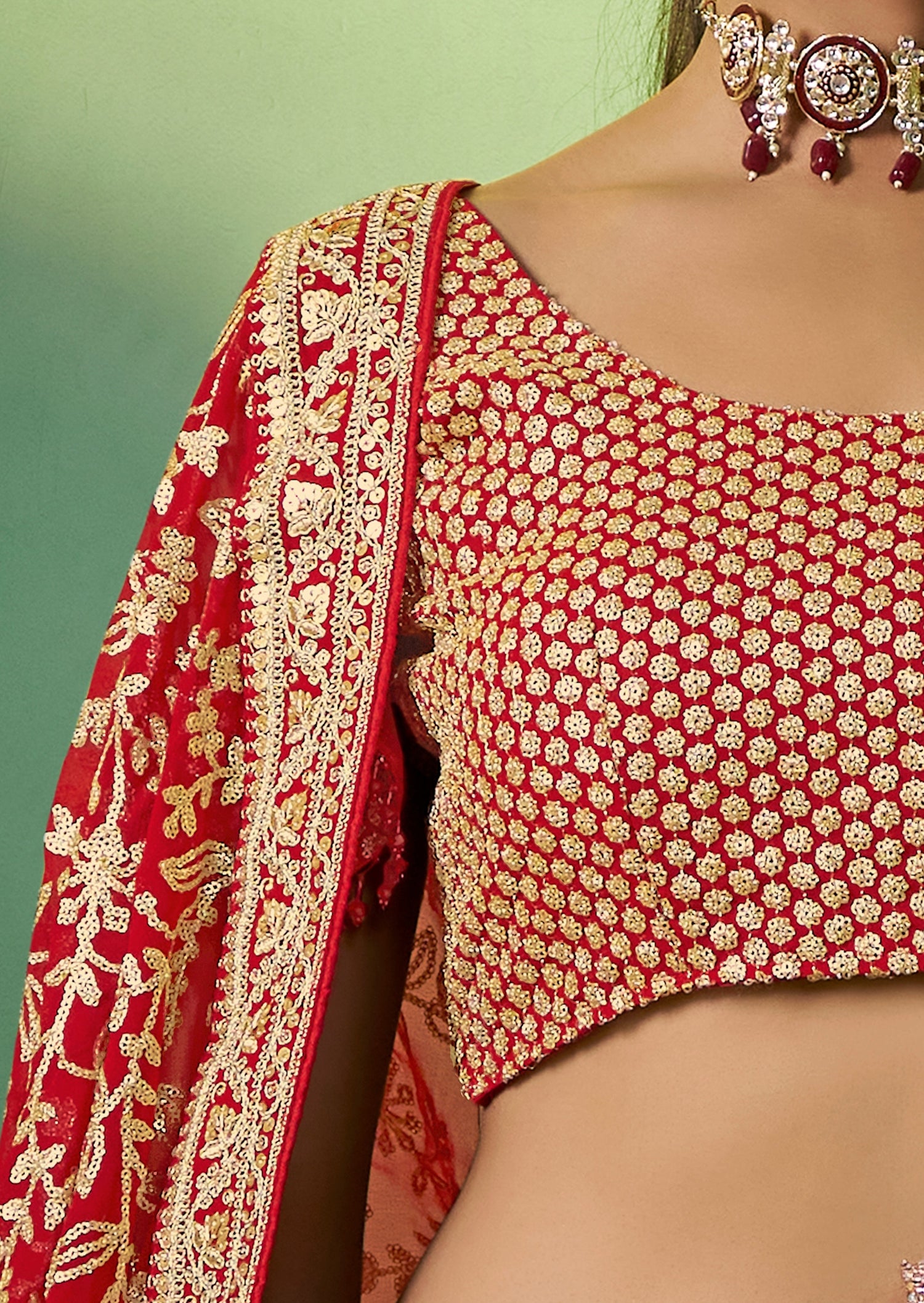 Red golden sequins work semi stitched bridal lehenga choli online shopping usa uk.