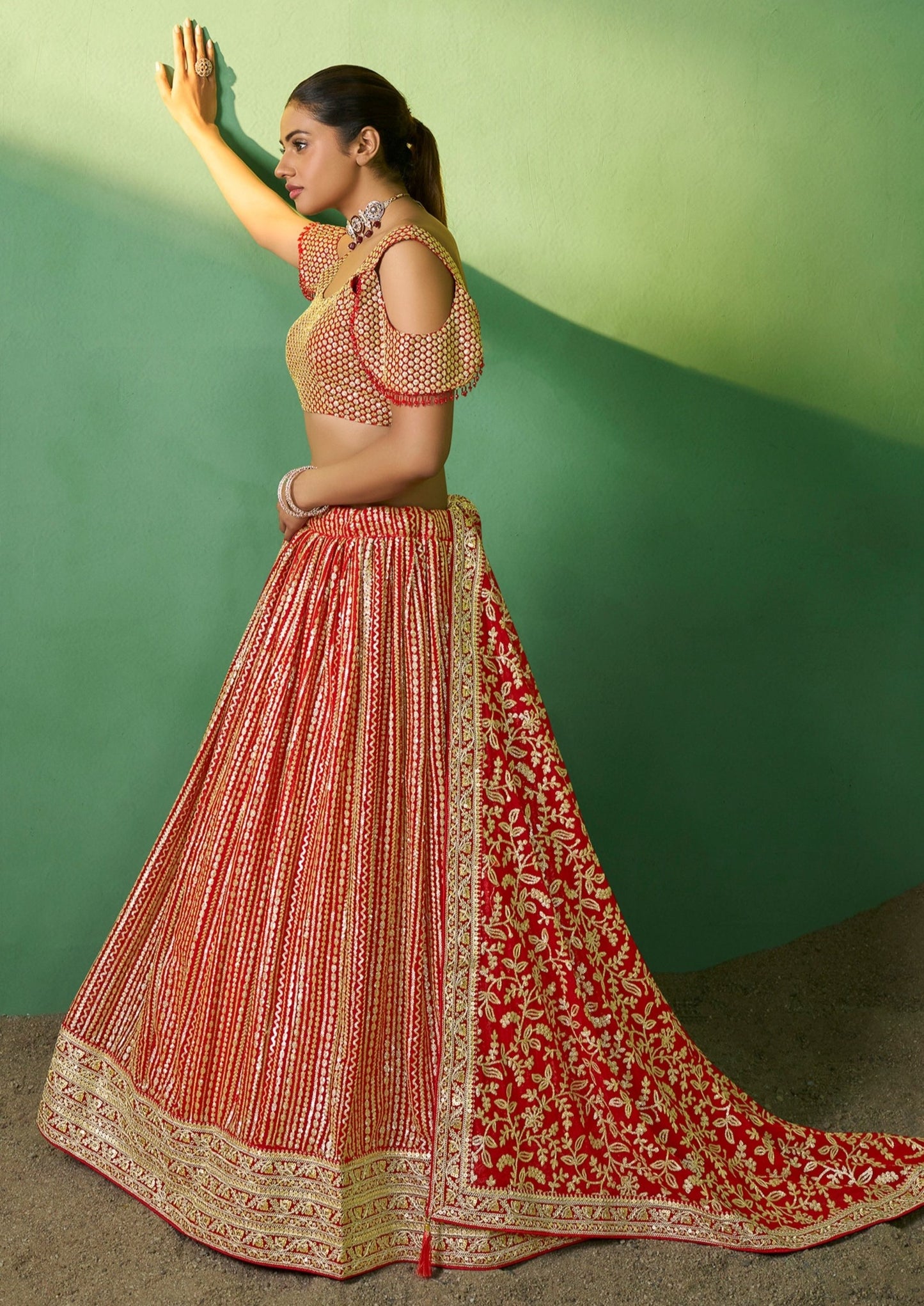 Red golden sequins work semi stitched bridal lehenga choli online usa uk for bride.