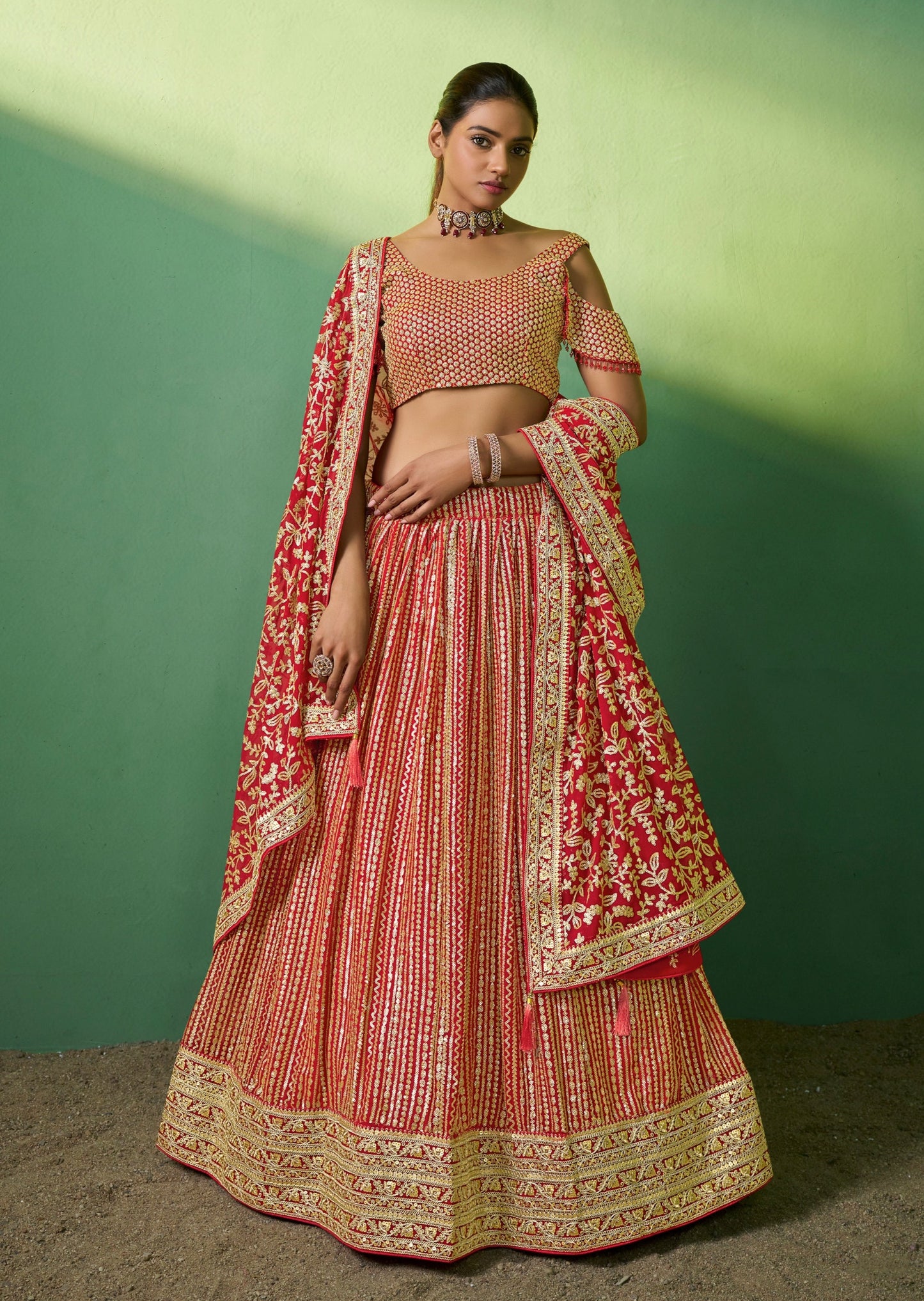 Red golden sequins work semi stitched bridal wedding lehenga choli online usa uk.