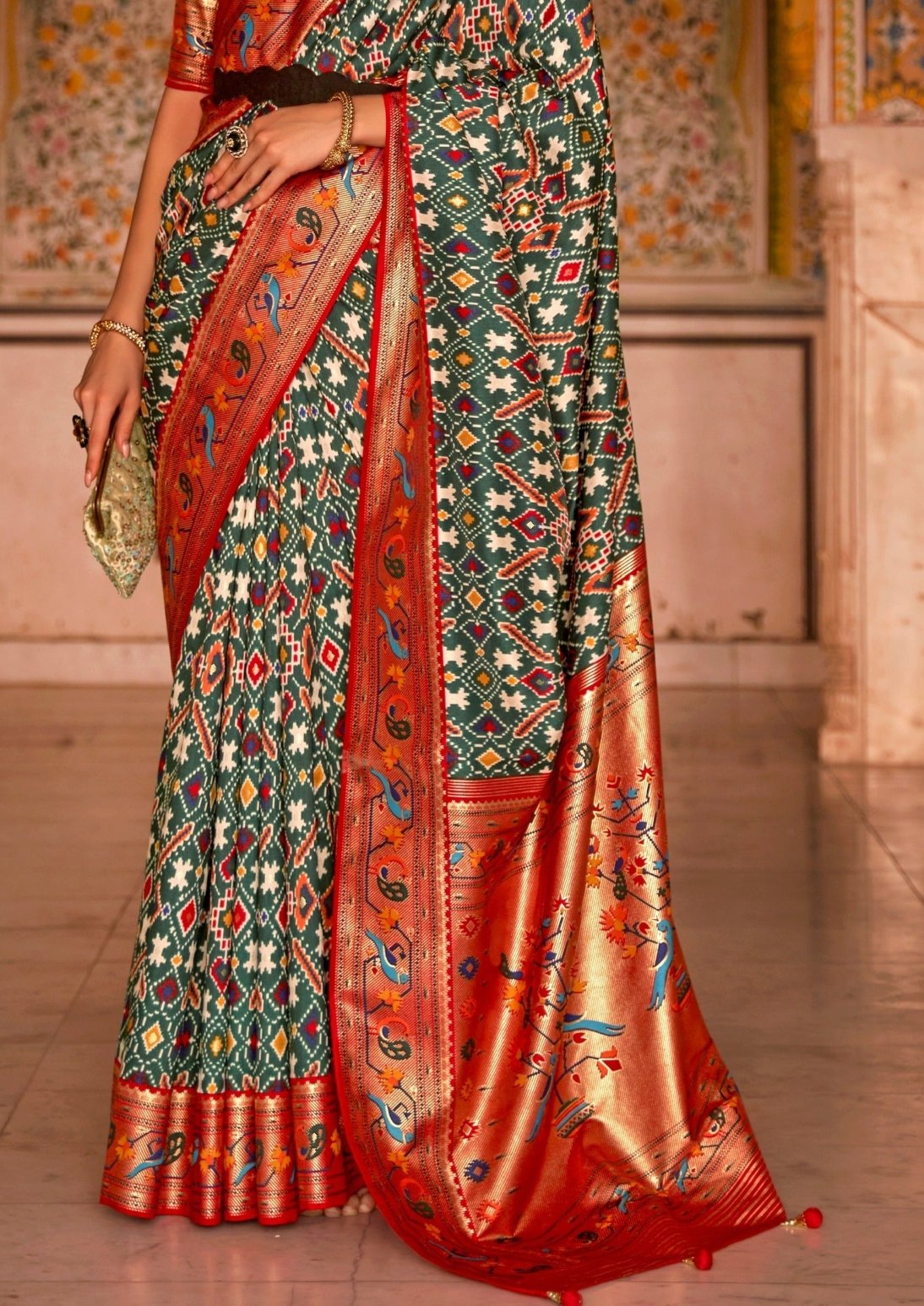 Red green patola silk saree blouse designs online shopping with price india.