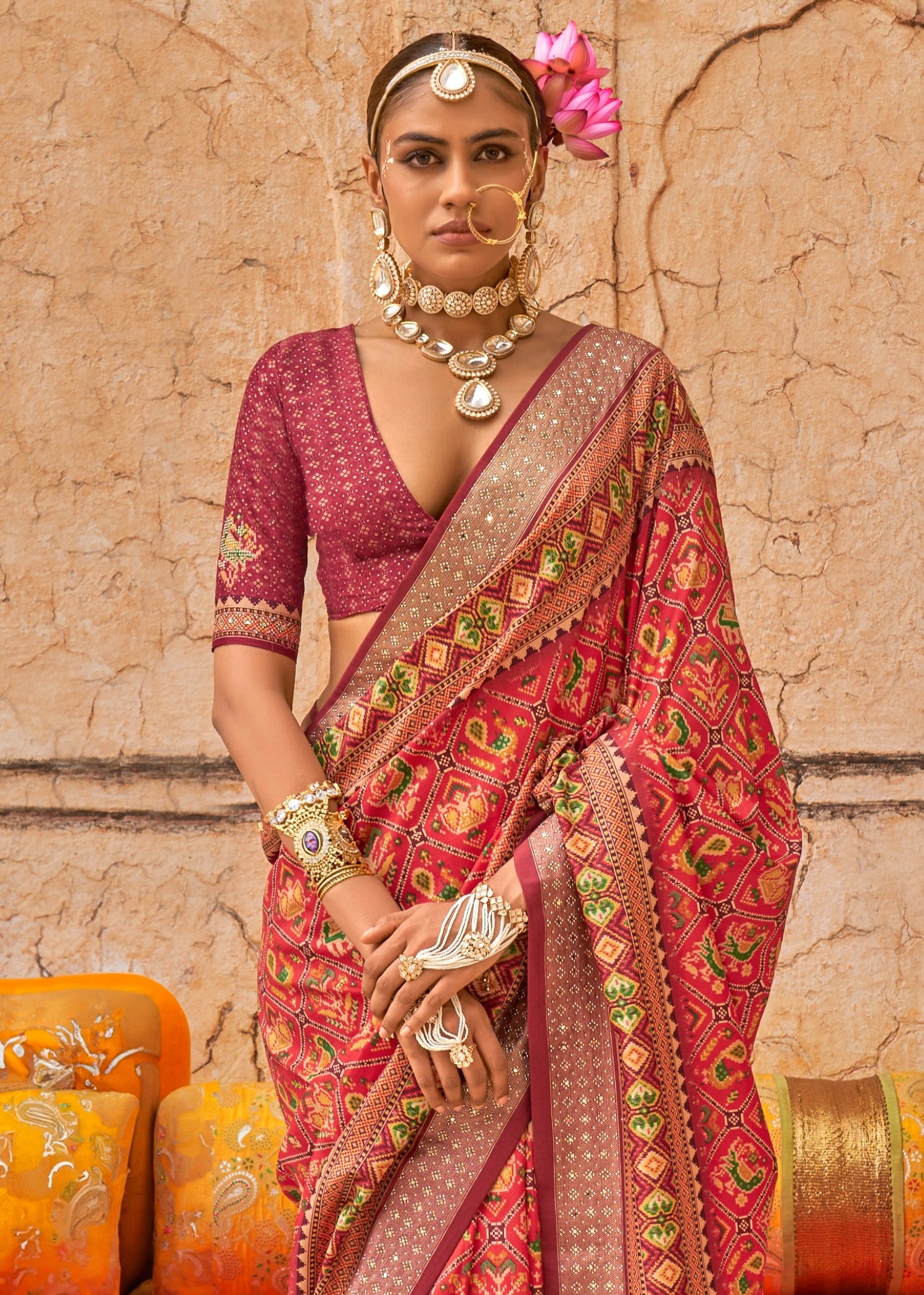 Shop red color hathi popat design patola silk saree online for wedding.