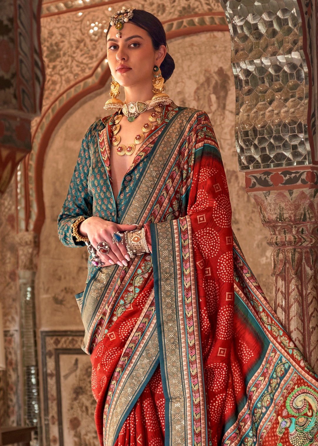 Red kalamkari saree with contrast green blouse for online shopping in india.