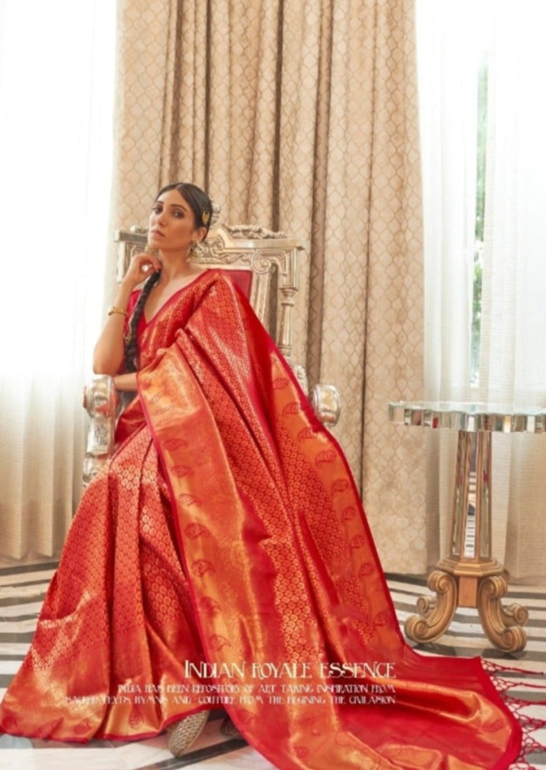 Red kanjivaram silk handloom saree usa online shopping for wedding.