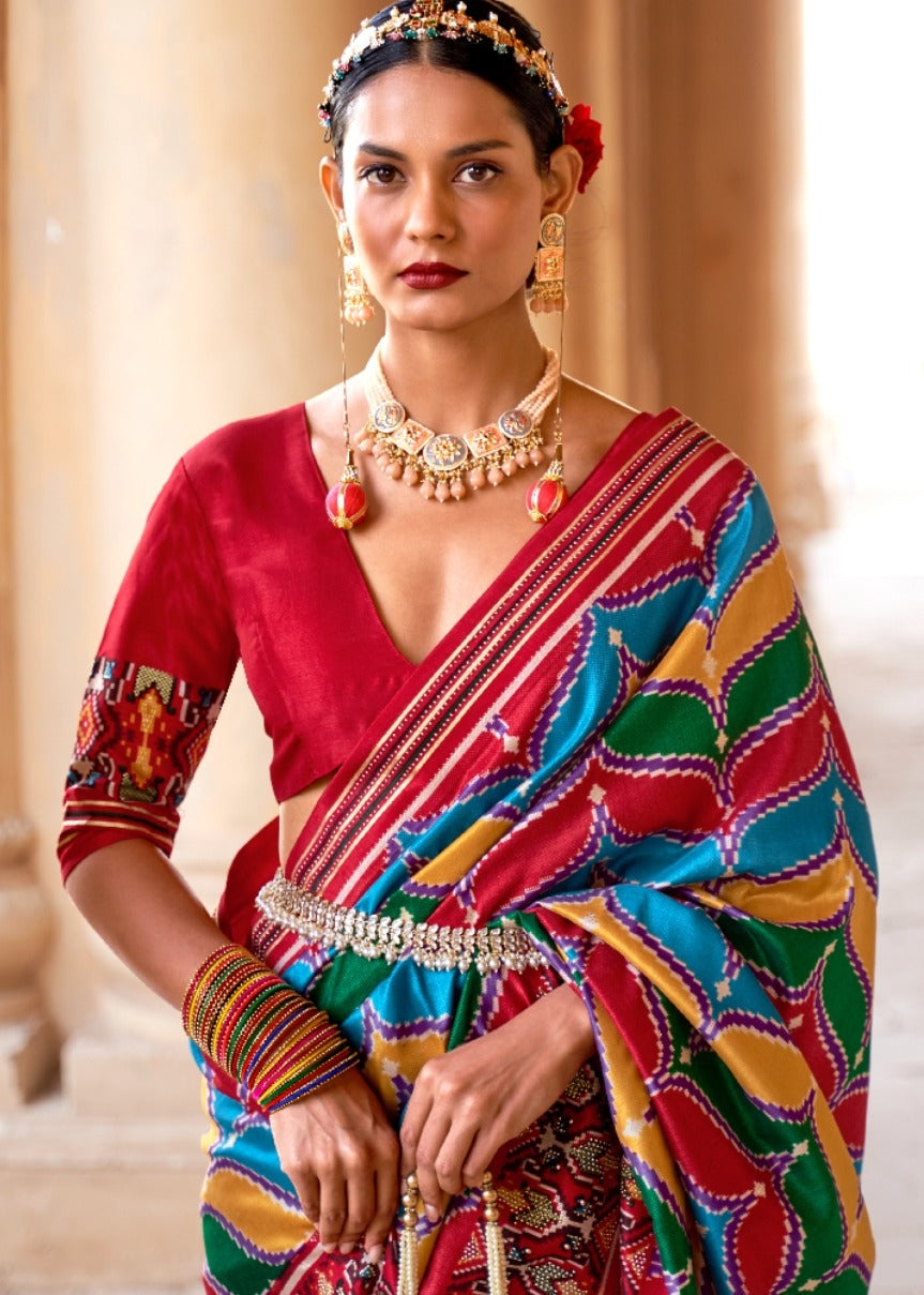 Red multicolor patola silk saree - elegant indian handwoven silk saree with vibrant multicolor patterns and traditional patola weaving, ideal for weddings, festivals, and celebrations.