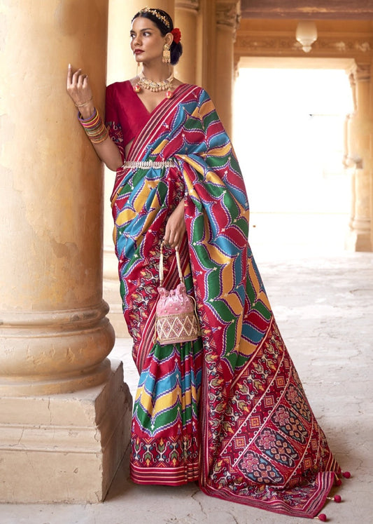 Red multicolor patola silk saree - traditional indian handwoven silk saree with vibrant patterns, intricate patola design, perfect for weddings, festivals, and special occasions.