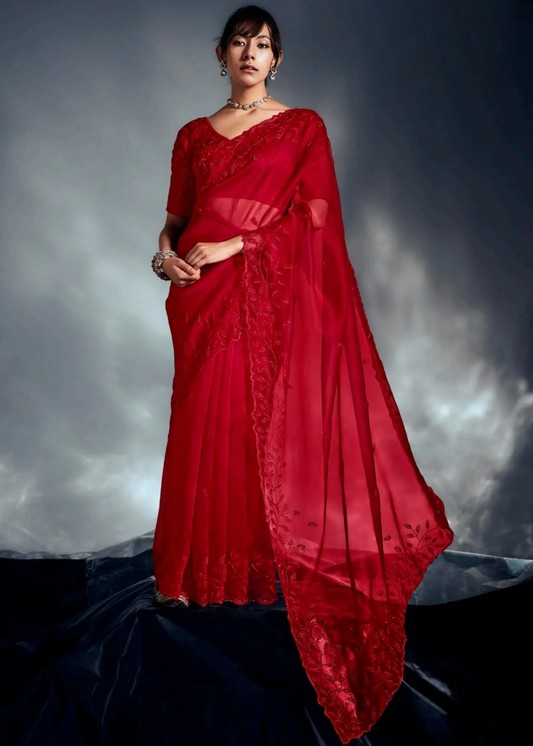 Red organza tissue silk hand embroidered bridal saree with bead and sequin work for wedding, festive ocassion and reception.
