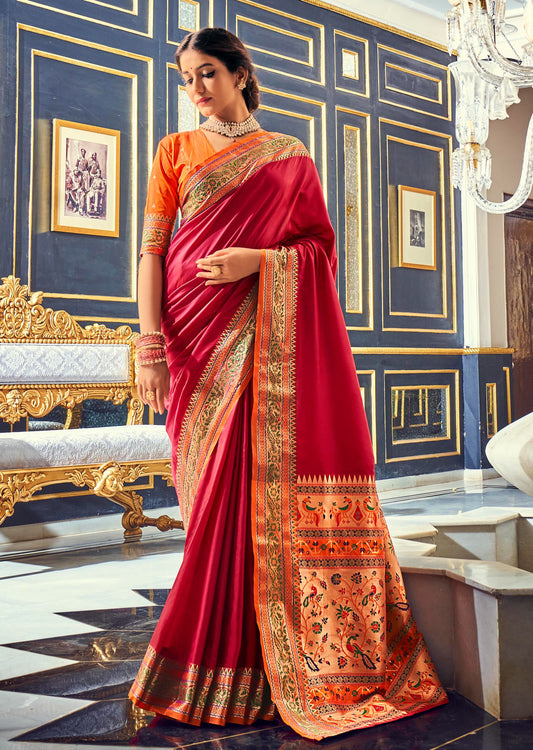 Red paithani silk saree with yellow border online shopping price for wedding india.