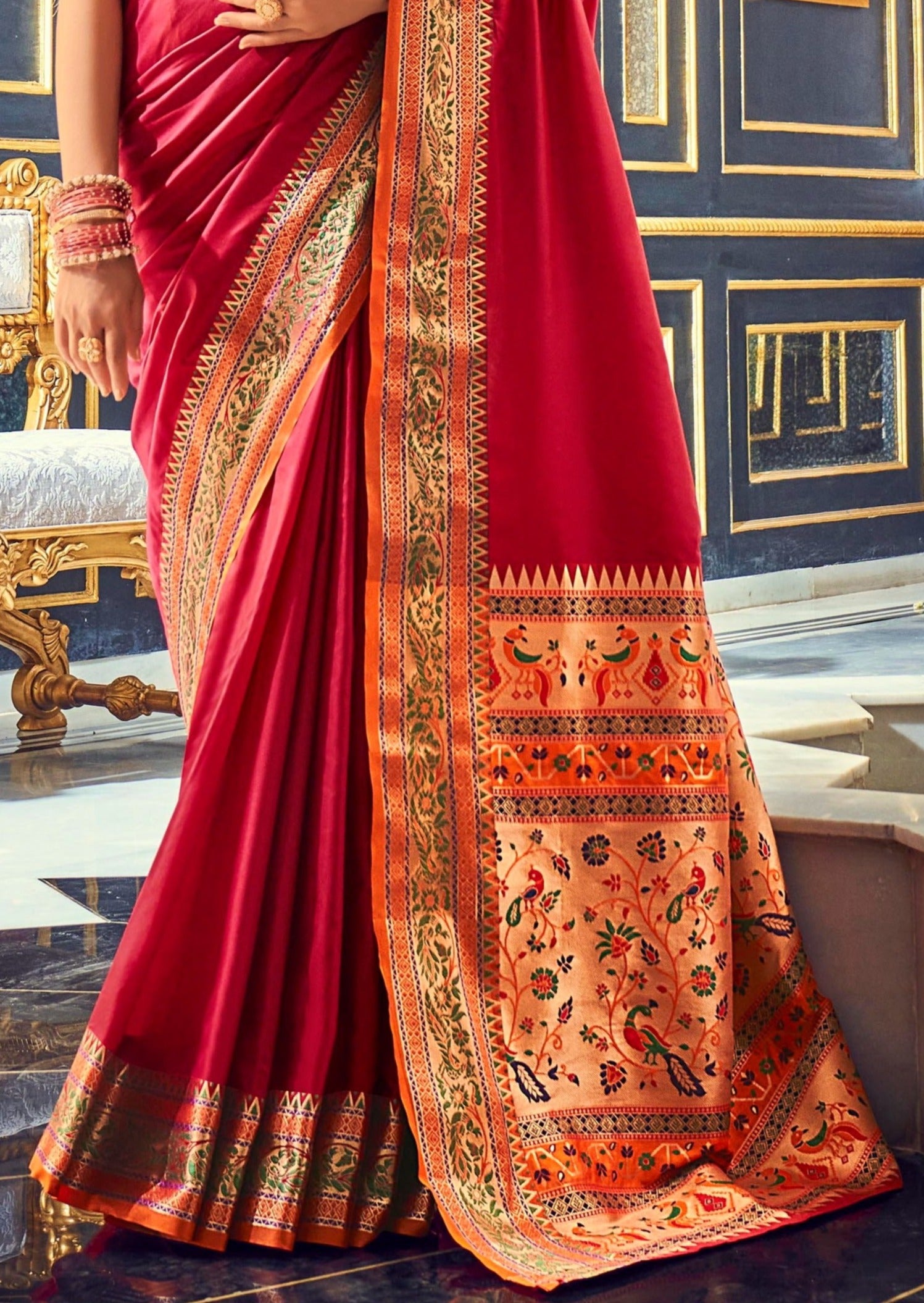 Red paithani silk saree with yellow border online shopping price for wedding usa.