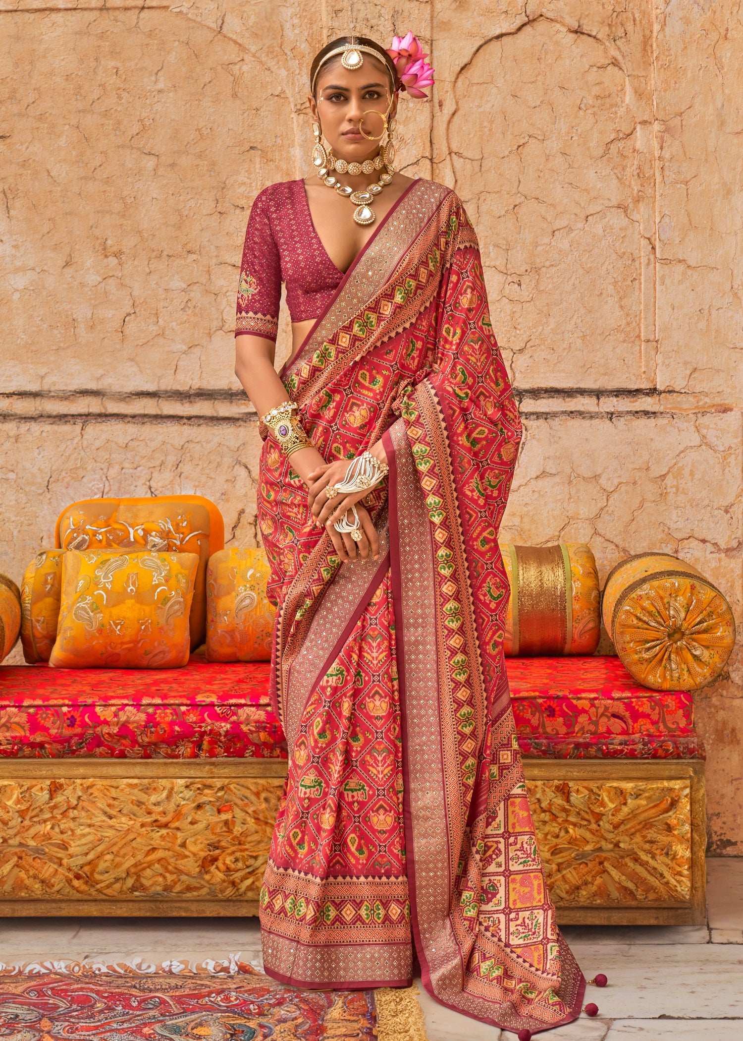 Red patola silk saree online in india and usa for indian wedding function look and bridal wear.