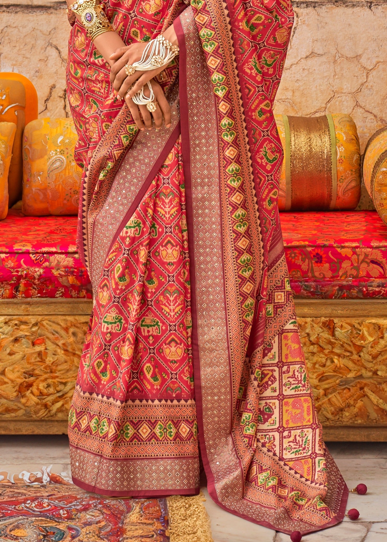 Red patola silk saree in india online shopping price for wedding function look.