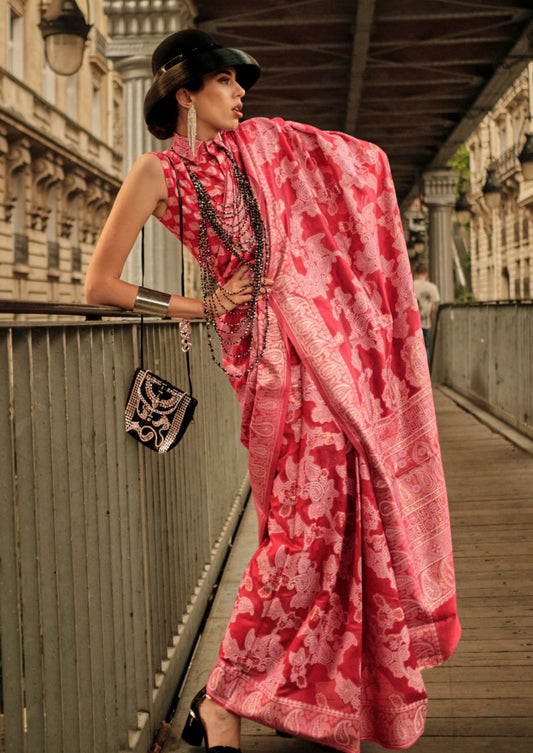 Woman in red color organza lucknowi chikankari saree blouse with zari work. 