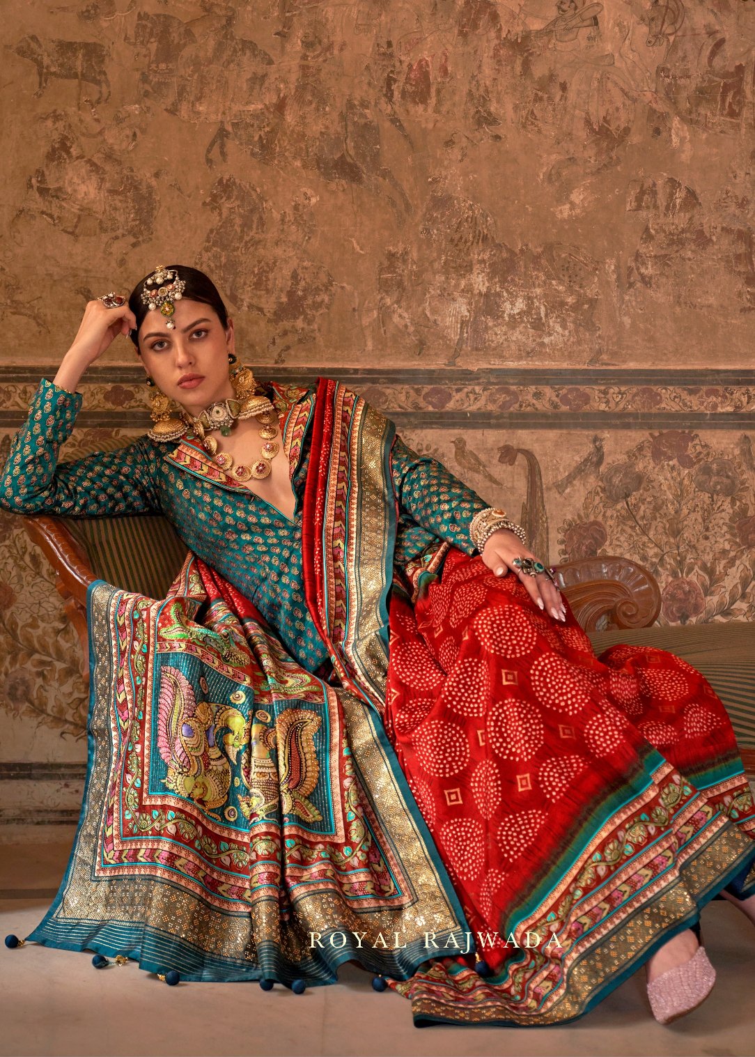 Red Kalamkari Bandhani Fusion Silk Saree With Stud Work